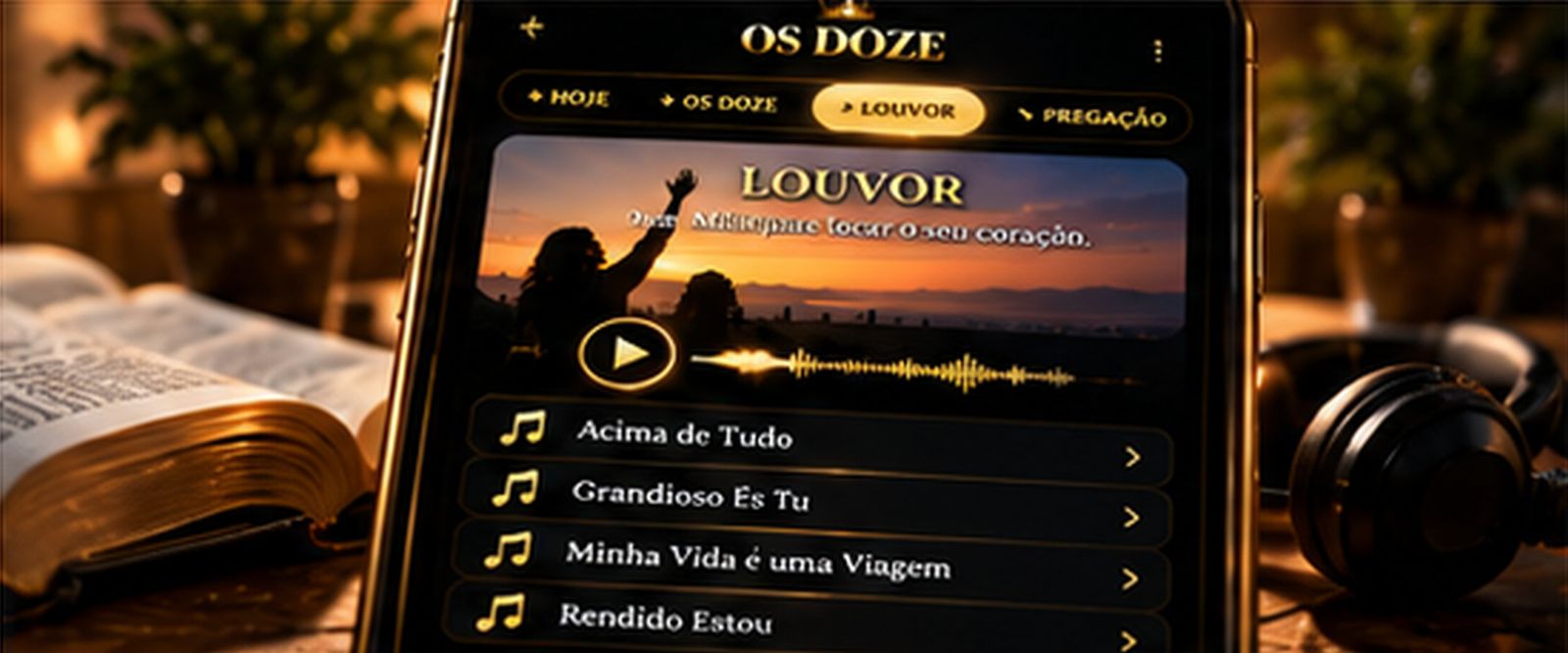 Aba Louvor com lista de músicas e botão de tocar