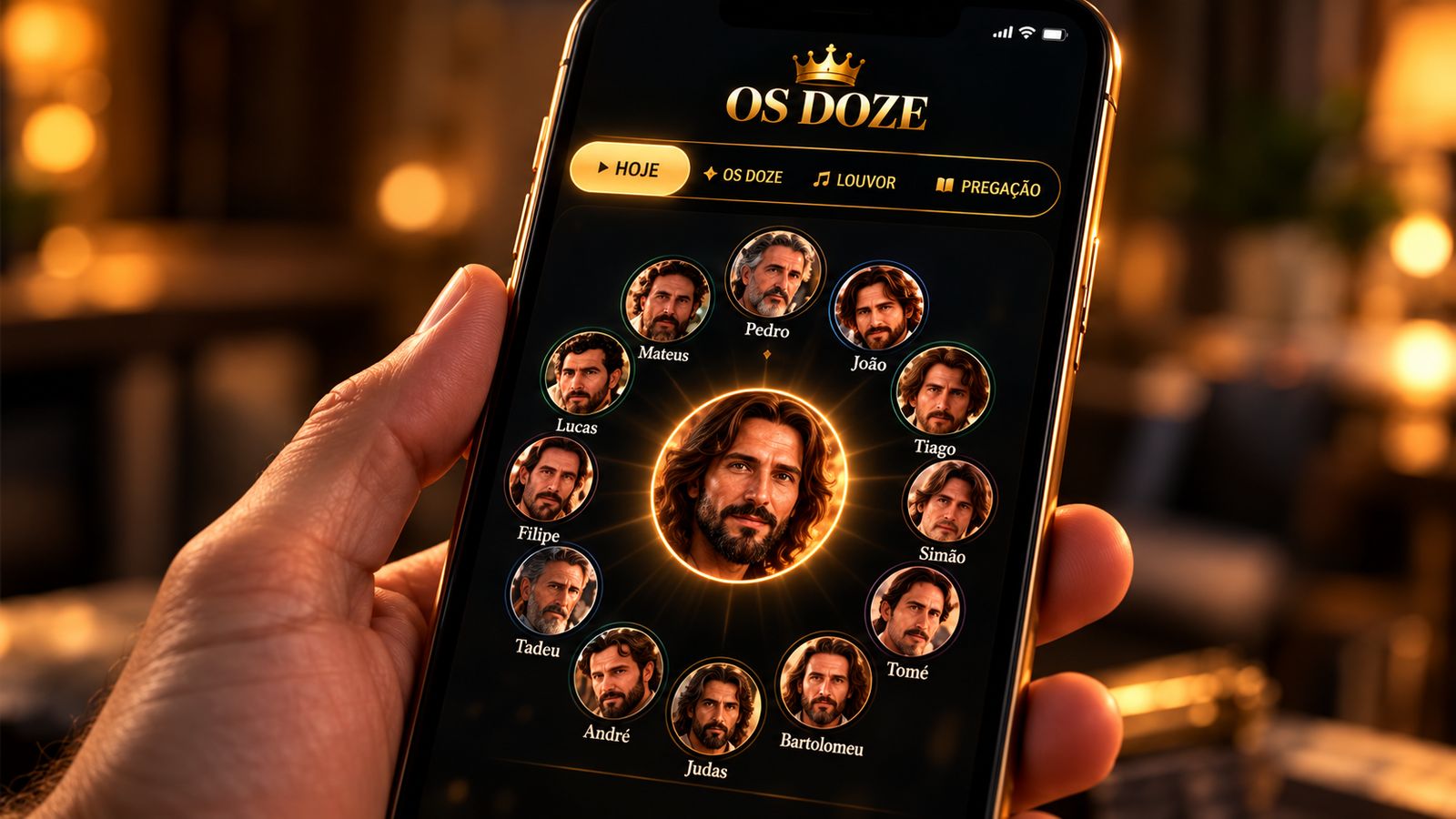 Celular com o aplicativo Os Doze mostrando Jesus ao centro e os doze discípulos ao redor