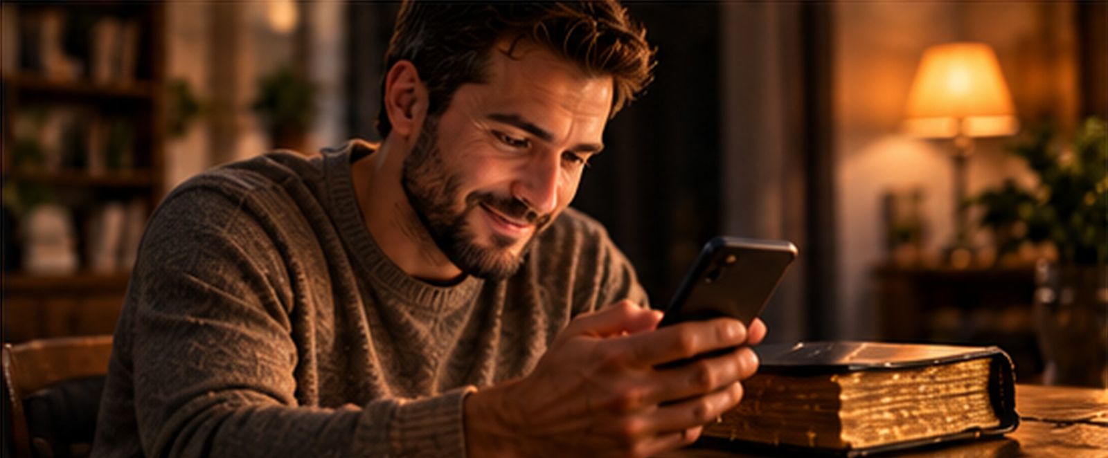 Homem sorrindo ao usar o aplicativo ao lado de uma Bíblia