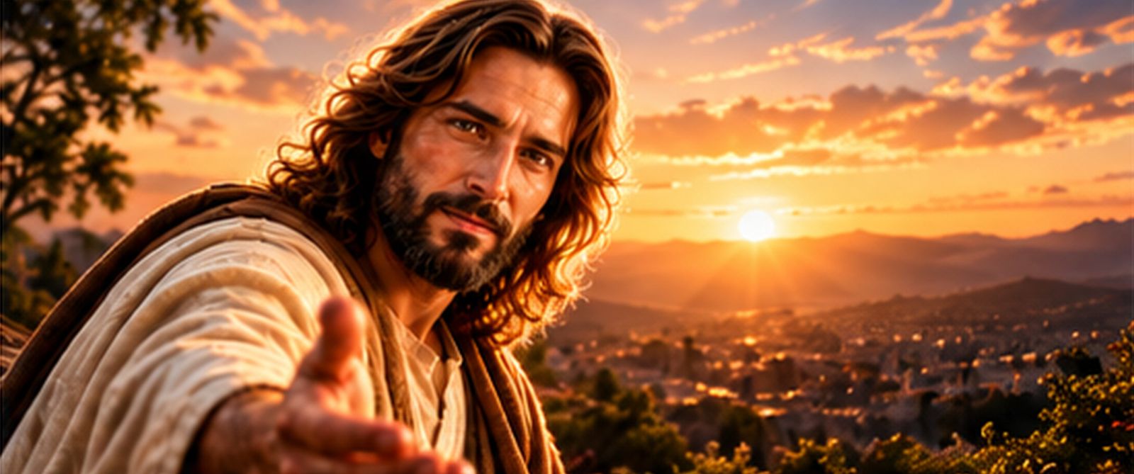 Jesus estendendo a mão ao pôr do sol